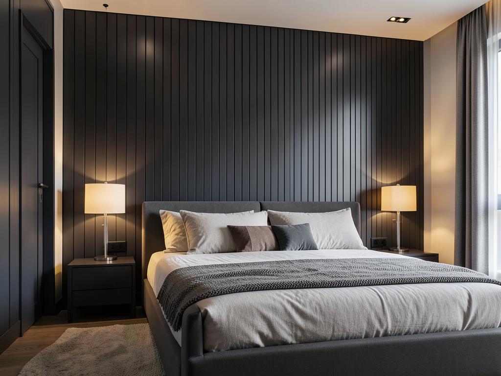Bedroom with dark charcoal slatted wall panelling — design inspiration