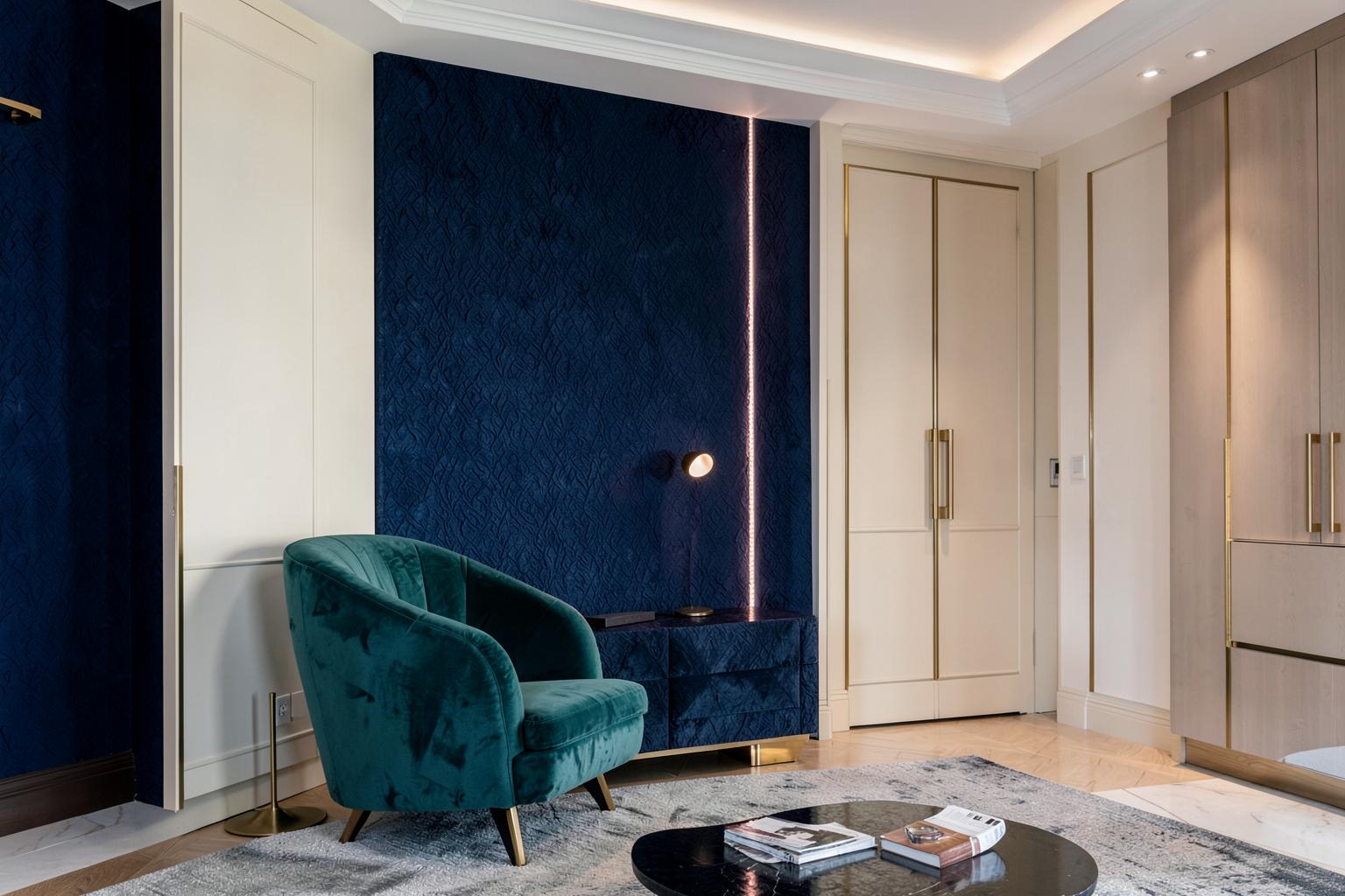 Contemporary living room with a deep navy feature wall and teal armchair — design inspiration