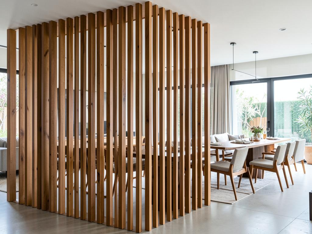 Wooden louver partition between living and dining areas — design inspiration