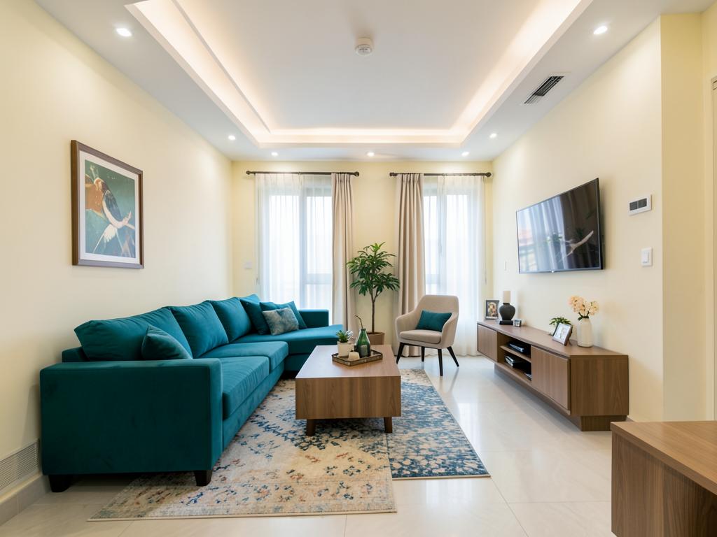 Renovated living room with ivory walls and teal seating — design inspiration