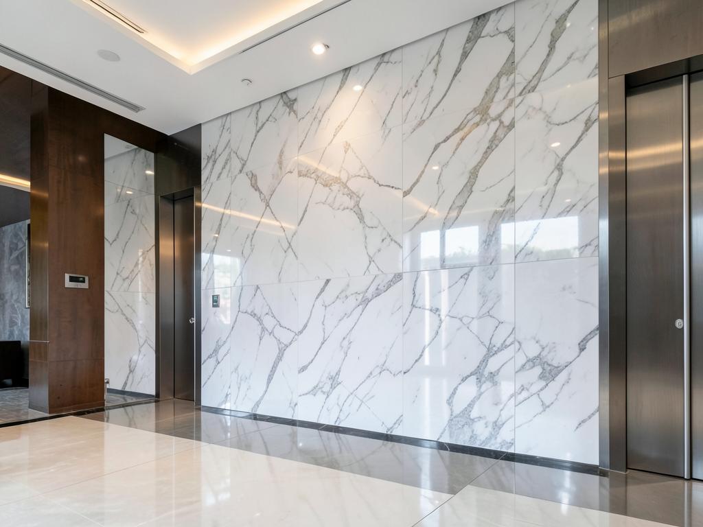 Lobby wall finished with glossy UV marble sheets — design inspiration