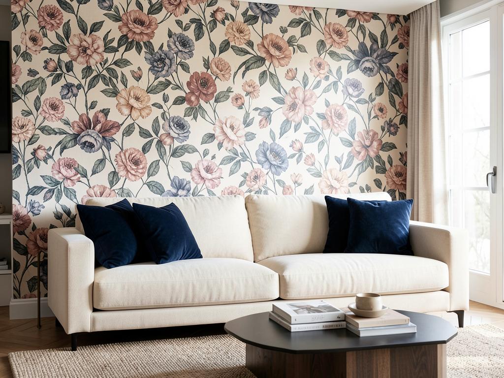Living room with floral patterned wallpaper feature wall — design inspiration